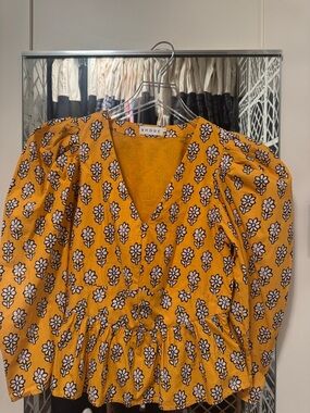 RHODE Mustard Yellow Floral V-Neck Peplum Top